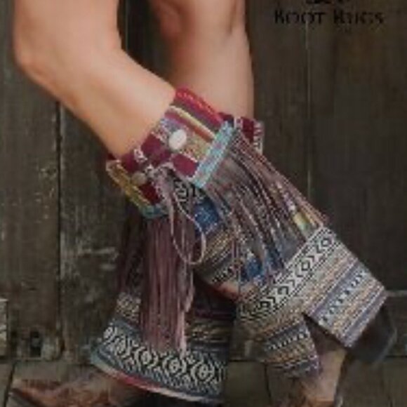 Boot Rugs For Over The Boot Covers Cool Warm Colors W Brown Leather Fringe NWOT - Picture 1 of 16